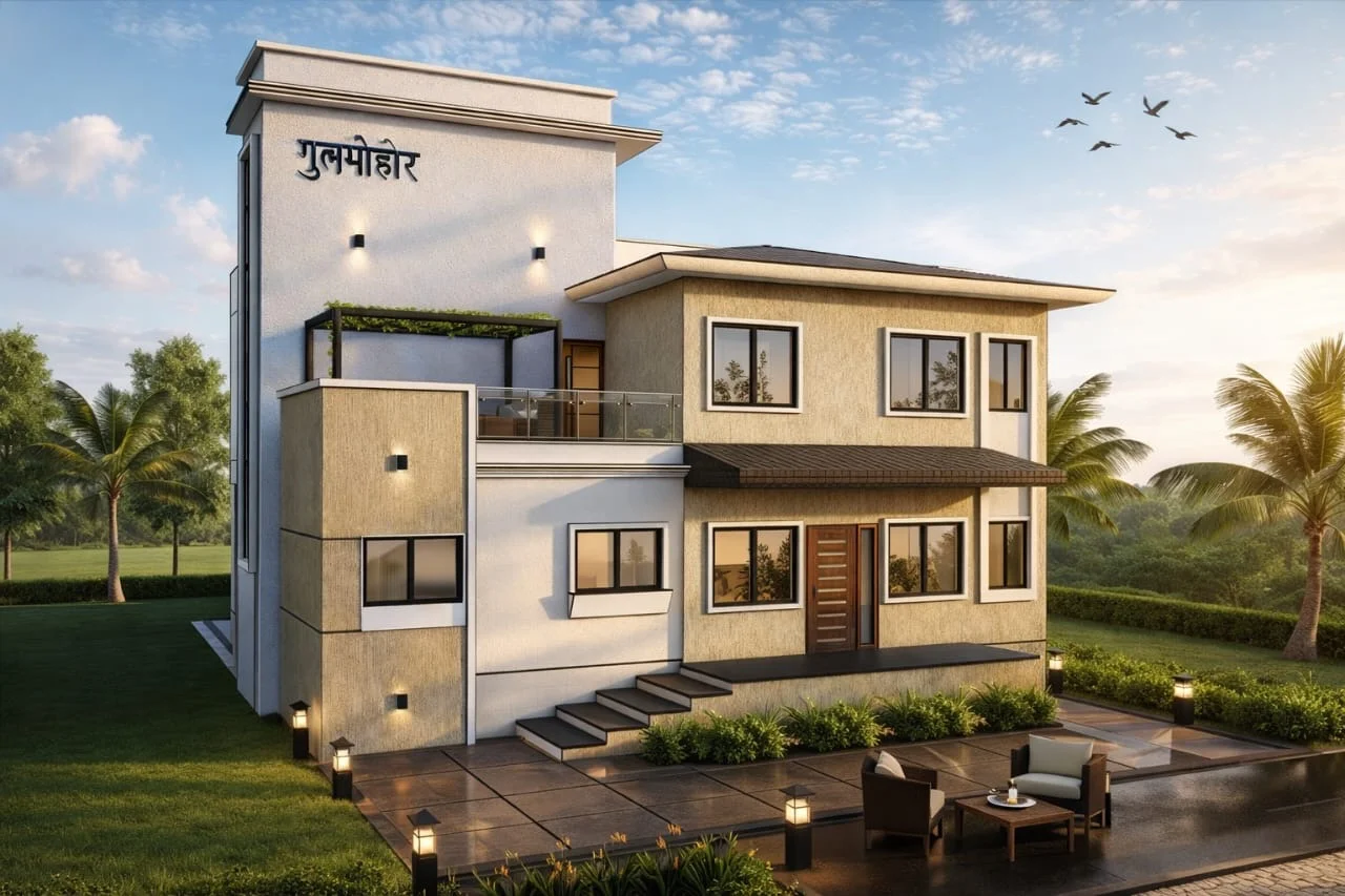 Digital architectural rendering of a two-story villa